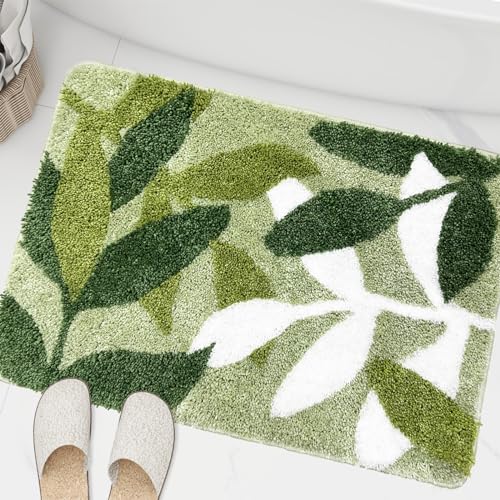 Sage Bathroom Rugs Green Leaves Bath Mat Soft & Water Absorbent Bath Rug with Non Slip Back for Wash Basin Shower Room Bathroom Floor Bedroom Doormat - color: Leaves Sage, size: 1'8" x 2'8" (Rectangular)