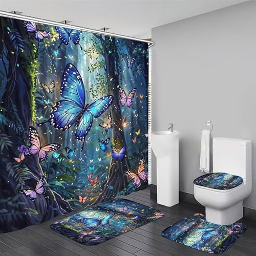 DDQQ 4 Pcs Blue Butterfly Shower Curtain Set with Non-Slip Rug, Green Plant Colorful Butterflies Bath Mat and Toilet Rugs, Forest Shower Curtain for Bathroom Set Decor - color: Dark Blue