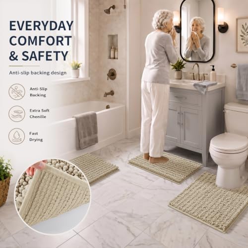 Yimobra Bathroom Rug Set 3 Piece - Super Absorbent Quick Dry Chenille Bath Mats & Toilet Rug, Non Slip Machine Washable, Extra Thick Shaggy Floor Mat for Shower Tub Sink, Camel - color: Camel, size: 24"x17" + 24"x20" + 30"x20"