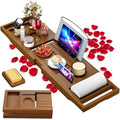 Foldable Bathtub Caddy Tray, Bamboo Bath Tub Tray Table for Tub with Wine Glass Holder Book Phone Tablet Holder with Extending Sides, Adjustable Bathroom Bathtub Free Soap Holder Gift Idea (Walnut) - color: Walnut