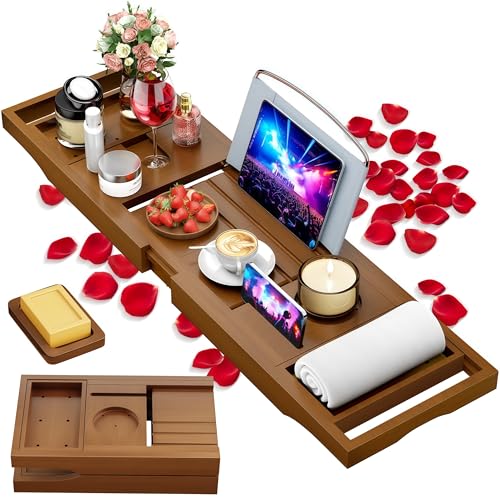 Foldable Bathtub Caddy Tray, Bamboo Bath Tub Tray Table for Tub with Wine Glass Holder Book Phone Tablet Holder with Extending Sides, Adjustable Bathroom Bathtub Free Soap Holder Gift Idea (Walnut) - color: Walnut