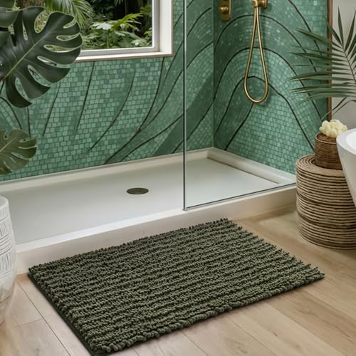 DEXI Bathroom Rug 16x24, Super Soft Thick Chenille Absorbent Bath Mat, Non Slip Machine Washable Fluffy Shag Bathmat for Tub, Shower Floor, Olive Green