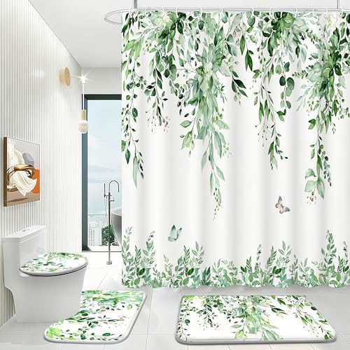 16 Pcs Sage Green Eucalyptus Shower Curtain Set with Rugs, Botanical Leaf Bath Curtains and Quick Absorbent Foam Mats, 120GSM Heavy-Weight Fabric Curtain with 12 Metal Hooks, 72x72 Inch - color: Green