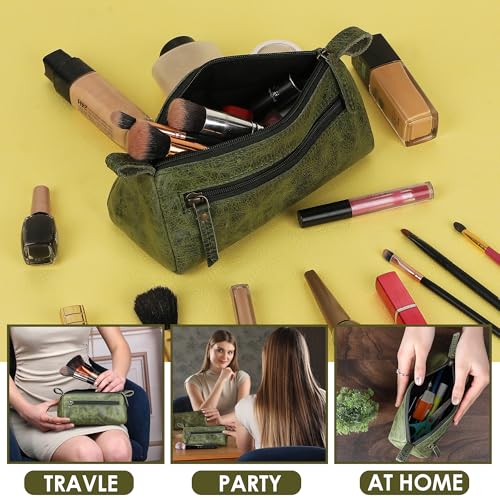 Leather Makeup Bag for Women – Genuine Leather Cosmetic Bag Travel, Handmade Zippered Makeup Pouch, Small Toiletry Bag, Shaving Kit & Stationery Organizer- Forest Green - color: Green