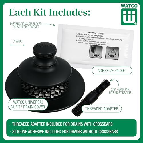 Watco Universal NuFit Push Pull Stopper, Silicone, 3/8 in. to 5/16 in. Combo Pin, Friction Pin, Grid, Universal Bath Tub Drain Stoppers, Easy Install, Hair Catcher, Replacement Tub Drain, Matte Black - color: Matte Black