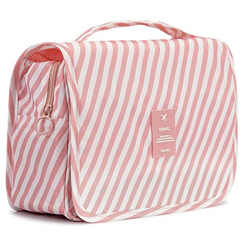 L&FY Hanging Travel Toiletry Bag Women's Cosmetic Organizer Makeup Case Pouch Men's Shaving Kits With Handle（Pink Stripe） - color: Pink Stripe, size: Compact Size