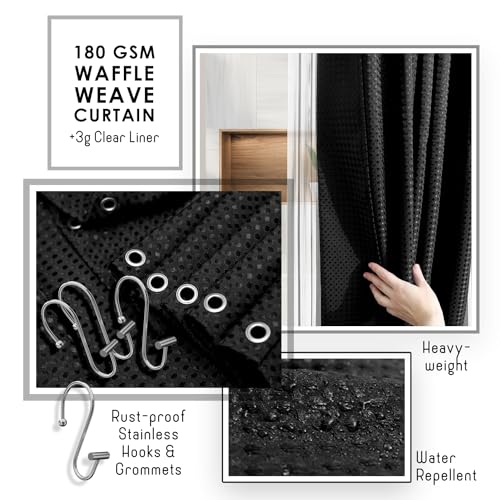 Clara Clark Bathroom Accessories Set - Bathroom Set, Bathroom Accessory Set, Shower Curtain Set, Toilet Brush, Trash Can & Soap Dispenser - Black - 20PC - color: Black, size: Complete Set