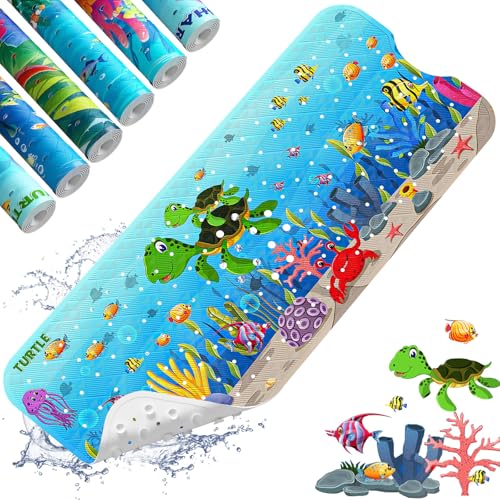 XIYUNTE Baby Bath Mat for Tub Non Slip, BPA Free Extra Long Bathtub Mat Non Slip 40x16 with Drain Holes and 200 Suction Cups, Non Toxic Machine Washable Bath tub mat, EU Certified, Sea Turtle - color: A-sea Turtle