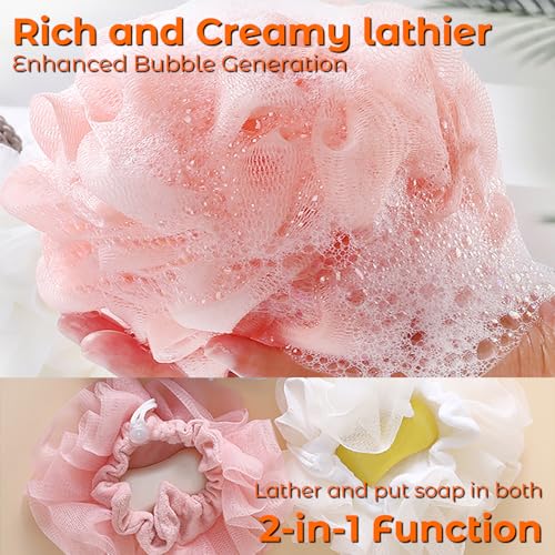 2 in 1 Loofah Sponges 3-Pack Dual-Sided Exfoliating Bath Sponges for Shower & Loofah Washcloth for Bar Soap Premium Body Scrubber with Drawstring for Gentle Skin Smoothing - Blue＆Pink＆Beige - style: Blue＆Pink＆Beige