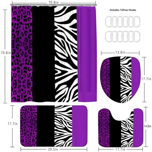 4PCS Leopard Print Shower Curtain Set with Rug, Toilet Lid Cover and Bath Mat, Purple Black Splice Shower Curtain with 12 Hooks, Shower Curtain for Bathroom Decor Set - color: Purple Leopard