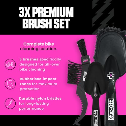 Muc-Off 220 3 Piece Premium Brush Kit - Includes 3 Bike Cleaning Brushes With Durable Nylon Bristles And Ergonomic Rubberised Handles To Minimise Impact - size: 3 Piece