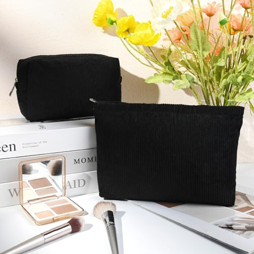 SOIDRAM 2 Pcs Corduroy Makeup Bag Large Cosmetic Bag Toiletry Bag Makeup Pouch Travel Bag Organizer Cute Makeup Brushes Aesthetic Accessories Storage Bag for Women Black - color: Corduroy Black