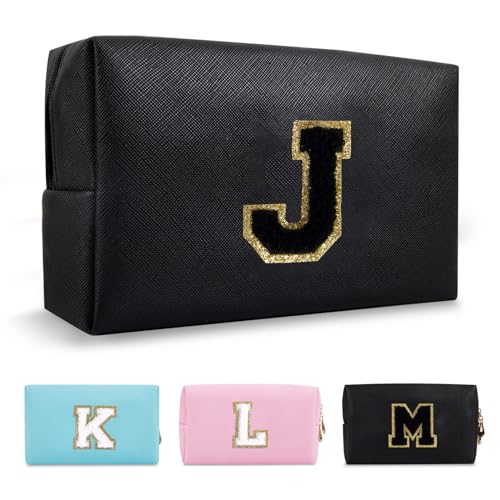 Personalized Initial A-Z Preppy Patch Makeup Bag,Small PU Chenille Letter Cosmetic Bag with Zipper for Teen Girls,Black Cute Toiletry Organizer Bag,Monogram Makeup Case Gift for Women Girls,Letter J - color: Black,Black-Letter, size: J