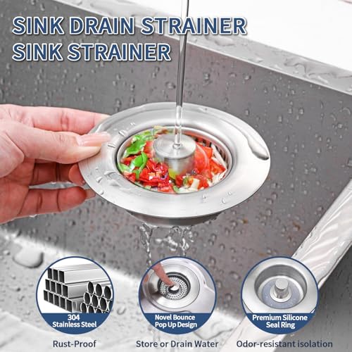 3-in-1 Kitchen Sink Drain Strainer - Pop Up Sink Stopper, Stainless Steel Sink Drain Strainer, Kitchen Sink Stopper & Drain Plug with Anti-Clogging Basket,Sink Strainer Fits US Standard 3-1/2'' Drains - color: Sus304 Brushed 1pack
