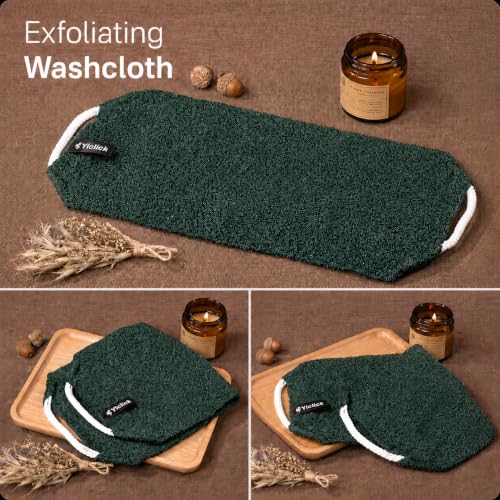 Yiclick Exfoliating Washcloth Towel with Handle, Back Scrubber for Shower, Exfoliating Body Scrubber Exfoliator, Japanese Wash Cloth for Body Scrub, Bath Sponge Loofah Luffa Washer Exfoliator - color: Darkgreen