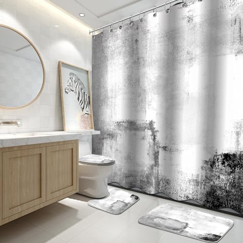 Lnond 4Pcs Bathroom Shower Curtain Sets with Rugs,White Black Painting Art Bathroom Sets with Shower Curtain and Rugs and Accessories - color: Grey White Black Abstract-01