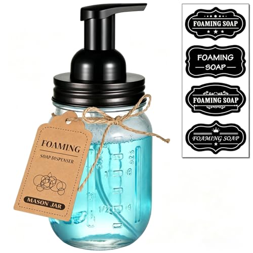 SheeChung Mason Jar Foaming Soap Dispenser-Rustproof Stainless Steel Lid & Foaming Soap Pump, Refill Foam Hand Soap Dispenser Glass for Bathroom Kitchen Vanities, Countertops-Black (1 pk) - color: Black