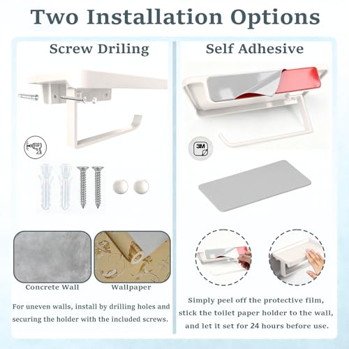 Cream White Toilet Paper Holder with Shelf, Premium Thicken Aluminum Alloy, Self Adhesive Toilet Tissue Roll Holder Wall Mount for Bathroom, Washroom, Kitchen, RV with Cell Phone Storage - color: Cream White