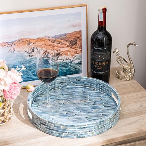 PEMAR 12.6” Mother of Pearls Lacquer Inlaid Round Serving Tray with Handles, Round Decorative Nacred Wooden Ottoman Coffee Table Tray (Blue Tiles) - color: Blue Tiles