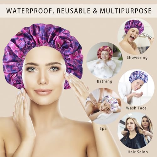 4 PCS Shower Cap for Women, Elastic and Reusable Bath Caps, Double Layers Shower Caps Reusable Waterproof, Bathing Shower Caps, Environmental Bath Hair Protection Cap - Printing Flower D - color: Printing Flower D
