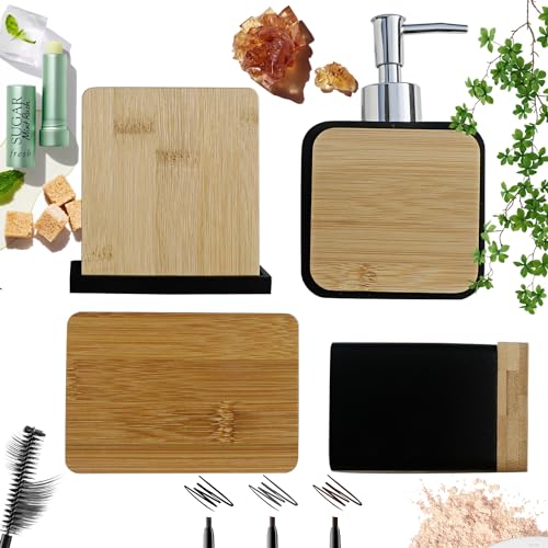 Bathroom Accessories Set with Cup, Toothbrush Holder, Soap Dishes and Soap Dispenser, Vanity Decoration, New Home Gift, Black with Bamboo
