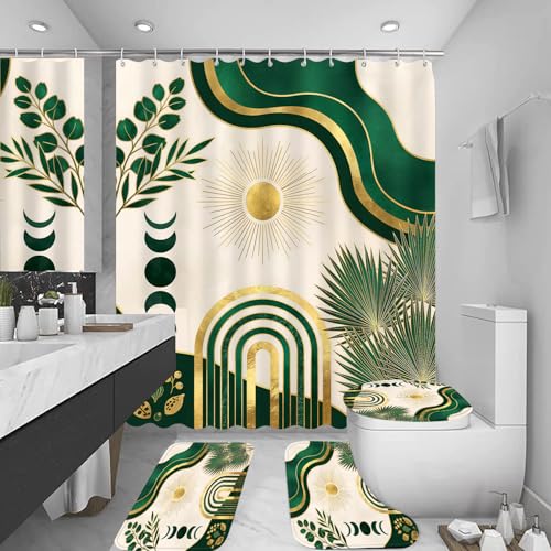 LQCOOL 4Pcs Boho Shower Curtain Set, Green Leaf Bathroom Sets, Waterproof Bathroom Sets with Shower Curtain and Rugs, Shower Curtain with 12 Hooks - color: Black Gold