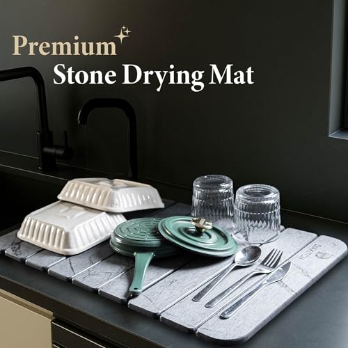 Stone Drying Mat for Kitchen Counter – Super Absorbent Stone Dish Drying Mat, Foldable & Quick Dry, Diatomaceous Earth Mat for Dish & Bottle, Ideal for Kitchen - 23.6" x 15.4", Dark Grey