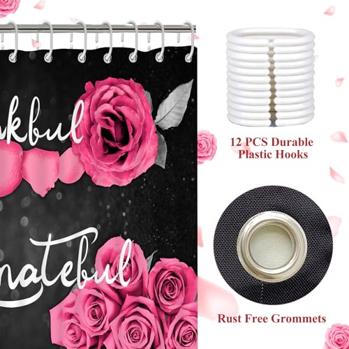 4Pcs Pink Rose Shower Curtain Sets, Thankful Grateful Blessed Bathroom Curtain with Non-Slip Rug, Toilet Lid Cover, Bath Mat and 12 Hooks, Romantic Showy Floral Wedding Decor for Bath, 72 x 72 inch - color: Pink