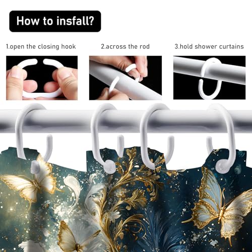 AZHM Luxury Dark Blue Gold Feather and Butterfly Shower Curtain Set 4 PCS Glittery Art Bathroom Decor Set with Non-Slip Rugs, Toilet Lid Cover & Bath Mat - color: Deep Blue