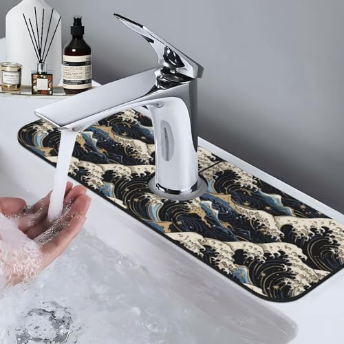 Japanese Wave Black 15" X 5.5" Kitchen Sink Splash Guard Faucet Faucet Guard Draining Mat Sink Splash Guard Faucet Kitchen Bathroom - color: Japanese Wave Black