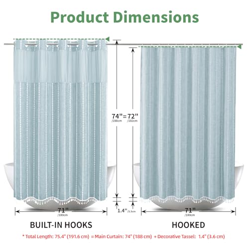 eachope Boho Farmhouse No Hook Shower Curtain Set with Snap-in Fabric Liner,Heavy-Duty Linen Textured Rustic Striped Design,Water-Repellent with Tassels and Sheer Window,Fog Blue,71x74 - color: Fog Blue, size: 71"W x 74"L (Pack of 1)