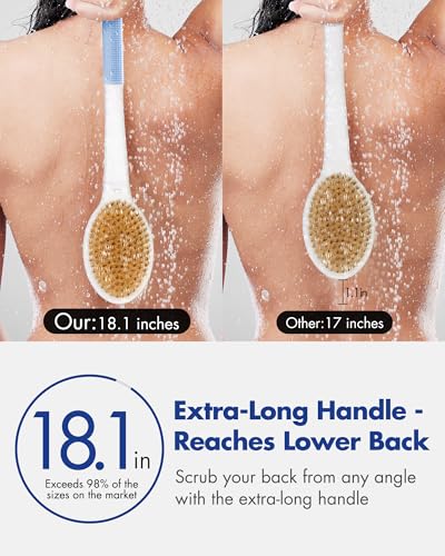 Back Scrubber Body Shower Brush: Anti Slip Long Handle Bath Brush with Stiff and Soft Bristles - Showering Exfoliator Wet or Dry Brushing for Women, Men, Elderly (Blue) - size: Long Handle 18.1 in-Blue