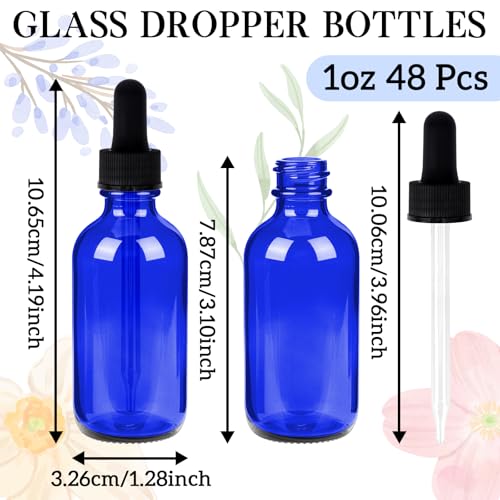 STARSIDE 48-Pack 1oz Blue Glass Leakproof Dropper Bottles | 30ml UV-blocking Dropper Bottles for Essential Oils & Crafts, Includes Funnel, Brush, Labels, Extra Droppers & Measuring Cup - color: 1oz-blue-48pcs