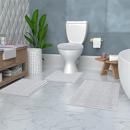 LuxUrux Bathroom Rugs Sets 4 Piece - Non-Slip Shaggy Chenille Mat Set - Includes U-Shaped Contour Toilet Mat, Lid Cover, 20x30'' and 16x24'' Bath Mat - White - color: White, size: 4 Piece Set