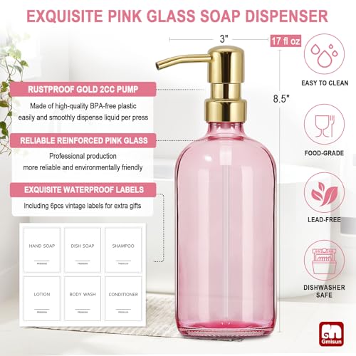 GMISUN Pink Soap Dispenser Bathroom, 2 Pack Kitchen Hand and Dish Soap Dispensers Set, 17 Fl Oz Pink Glass Soap Dispenser with Gold Pump, Refillable Modern Farmhouse Liquid Soap Pump Bottles - color: Pink Bottle + Golden Pump