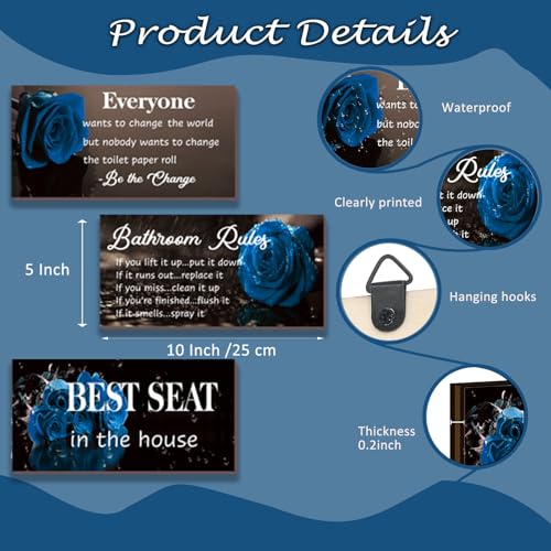 DONFENTHY 3 Pcs Blue Bathroom Rules Decor Blue Bathroom Decor Rustic Farmhouse Wooden Best Seat in The House Blue Rose Hanging Wall Art Blue Bathroom Accessories for Bathroom Toilet Decor(Blue10x5") - color: Blue Rose