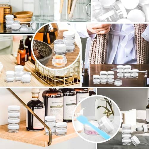 100 Pack 5g Plastic Jars with Lids, 5ml Round Clear Cosmetic Containers Makeup Jars, 5gram Travel Size Container Jar with Spatulas for Makeup Sample Lotion Cream Ointment Salve Balm Powder - color: White, size: 5g