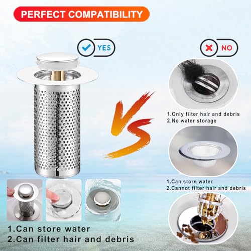 Bathroom Sink Stopper 2Pcs,Sink Drain Strainer,Hair Catcher with Removable Stainless Steel Filter Basket,Universal Sink Plug,Suitable for Most Sinks,Washbasin,Bathtubs