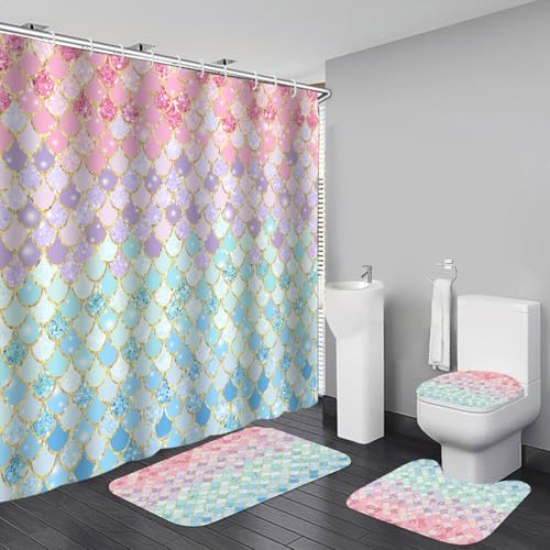4Pcs Pink Mermaid Scales Shower Curtain Set with Rugs, Sparkly Iridescent Patterns, Underwater Ocean Bathroom Decor, Machine-Washable Fabric, with 12 Pcs Hooks，71 x 71in