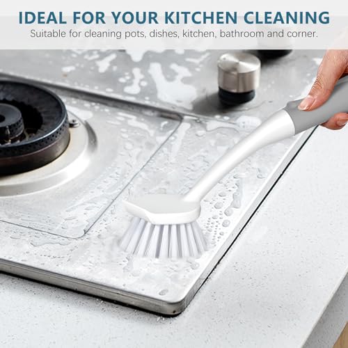 SetSail Dish Brush Set of 3 Piece, Dish Scrub Brush with Long Handle Deep Cleaning Brush with Scraper Tip for Kitchen Dishes Bottle Cup Pot Pan, Grey - color: Gray