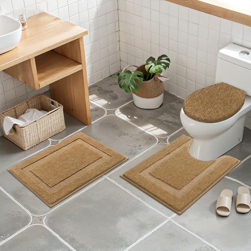 SHACOS Microfiber Bathroom Rugs Set of 3 with Toilet Lid Cover Non Slip | Washable Bath Mat Absorbent Bathroom Carpet 16"x24"+U Shape Toilet Rug 20"x24"+Toilet Lid Cover 19"x21", Mustard - color: Mustard, size: 16"x24"+U-Shape 20"x24"+Lid Cover 19"x21"