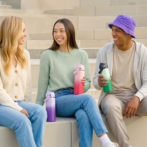 Fijinhom 24oz Insulated Stainless Steel Water Bottle, Wide Mouth Double Wall Vacuum, Silicone Straw, Sweat & Leak Proof, BPA Free Insulated Water Flask for Travel, Keep Cold 24h Hot 12h, Pink Gradient - color: Pink Gradient, size: 24 Ounces