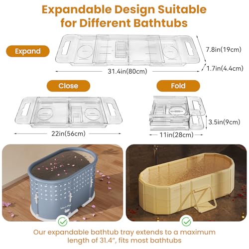 Foldable Bathtub Tray, Expandable to 80cm Acrylic Bath Tray for Tub, Bath Tub Tray Shower Storage Rack, Bath Table Trays for Bathtub (Transparent Bathtub Tray) - color: Transparent Bathtub Tray