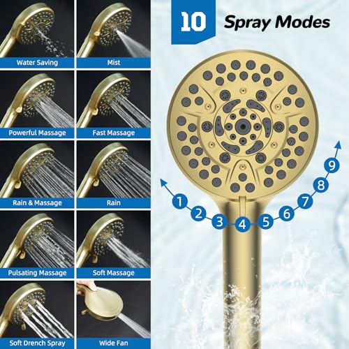 Hibbent cUPC Certified 13'' Shower Head Combo, High Pressure 5 Spray Rainfall Showerhead, 10 Spray Handheld, All Metal Easy Reach 4-way Diverter Arm with Pause Mode, 71'' Hose and Holder, Brushed Gold - color: Brushed Gold, style: Square 13" with filter