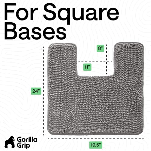 GORILLA GRIP Plush Absorbent Shaggy Chenille Bath Rug Mat for Square Toilet Base with Rubber Backing, Machine Washable Rugs, Soft Microfiber Contour Mats for Toilets, Bathroom Decor, Grey - color: Grey, size: 24" X 19" Square Contour