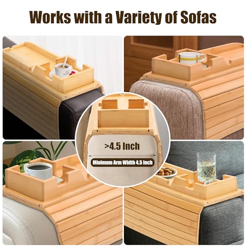 Bamboo Couch Cup Holder, Foldable and Anti-Slip Sofa Arm Table with Detachable Sofa Arm Organizer Tray, Portable 2 in 1 Sofa Armrest Tray for Drink, Coffee, Cup, Remote, Snacks, Cellphone, Glasses