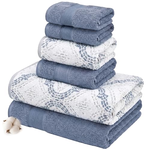 Modern Threads Capri 6-Piece Reversible Yarn Dyed Jacquard Towel Set - Bath Towels, Hand Towels, & Washcloths - Super Absorbent & Quick Dry - 100% Combed Cotton, Denim - color: Denim, style: Soft Geometric