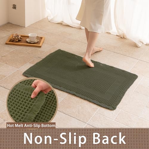 Waffle Bath Mat Non Slip, Boho Bathroom Rug, Super Absorbent Quick Dry Bathroom Mat, Soft Farmhouse Bath Rug with Tassels, Small Washable Shower Mats for Floor 20"x32", Square Olive Green - color: Square Olive Green, size: 1'8" x 2'8" (Rectangular)