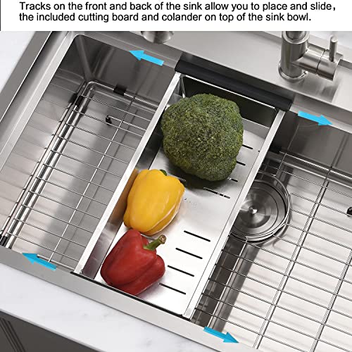 33 Inch Drop In Kitchen Sink Workstation - VOKIM 33X22 Inch Drop In Sink Stainless Steel Splash Guard 16 Gauge 10'' Deep Single Bowl Handmade Topmount Sink with Cutting Board& Strainer - color: Stainless Steel （Splash Guard）, size: 33"L x 22"W x 10"D