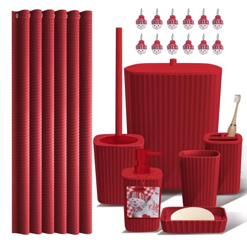 Clara Clark Bathroom Accessories Set - Christmas Shower Curtain Set, Xmas Bathroom Set, Christmas Bathroom Decor, Bathroom Accessory Set, Toilet Brush, Trash Can & Soap Dispenser - 19PC Set - color: Christmas, size: Complete Set